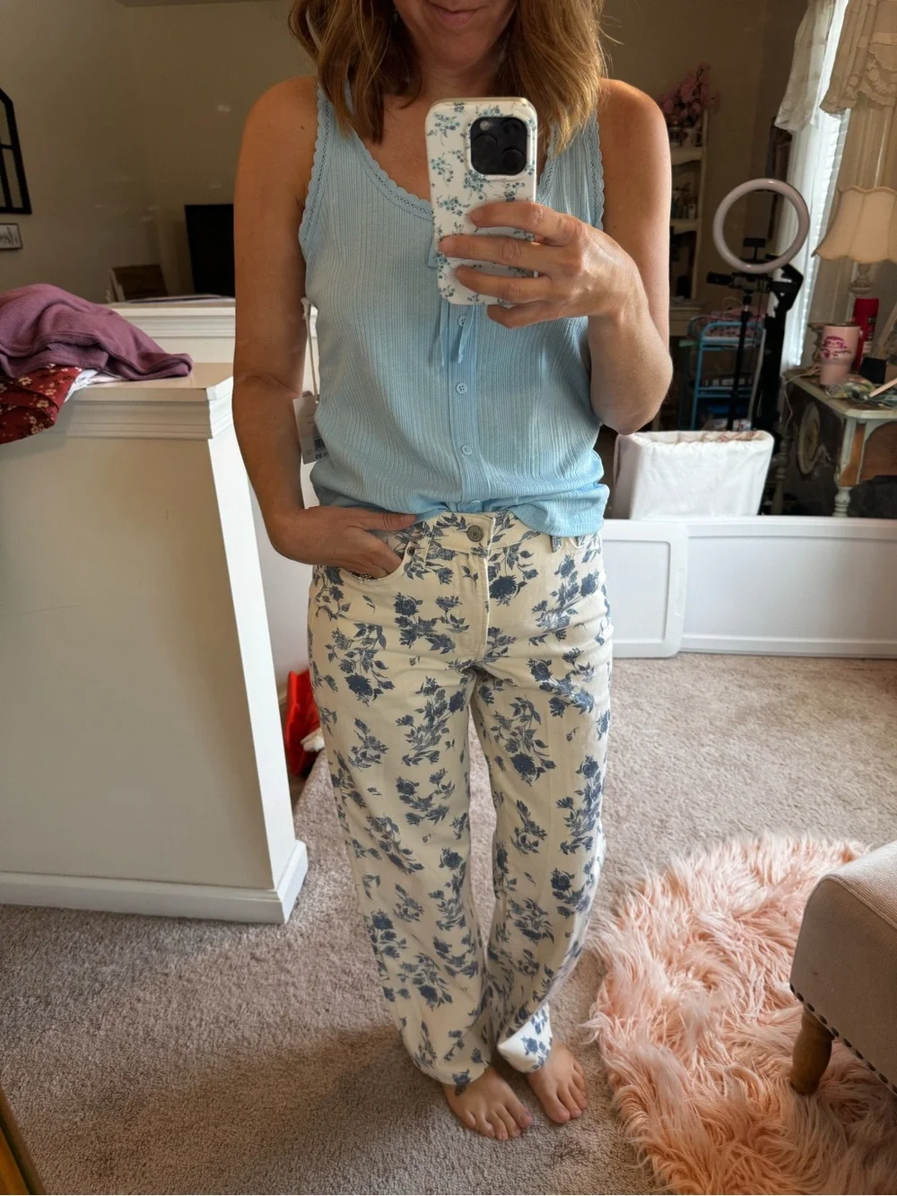 Old Navy Blue Floral curvy Heighway waisted loose jeans